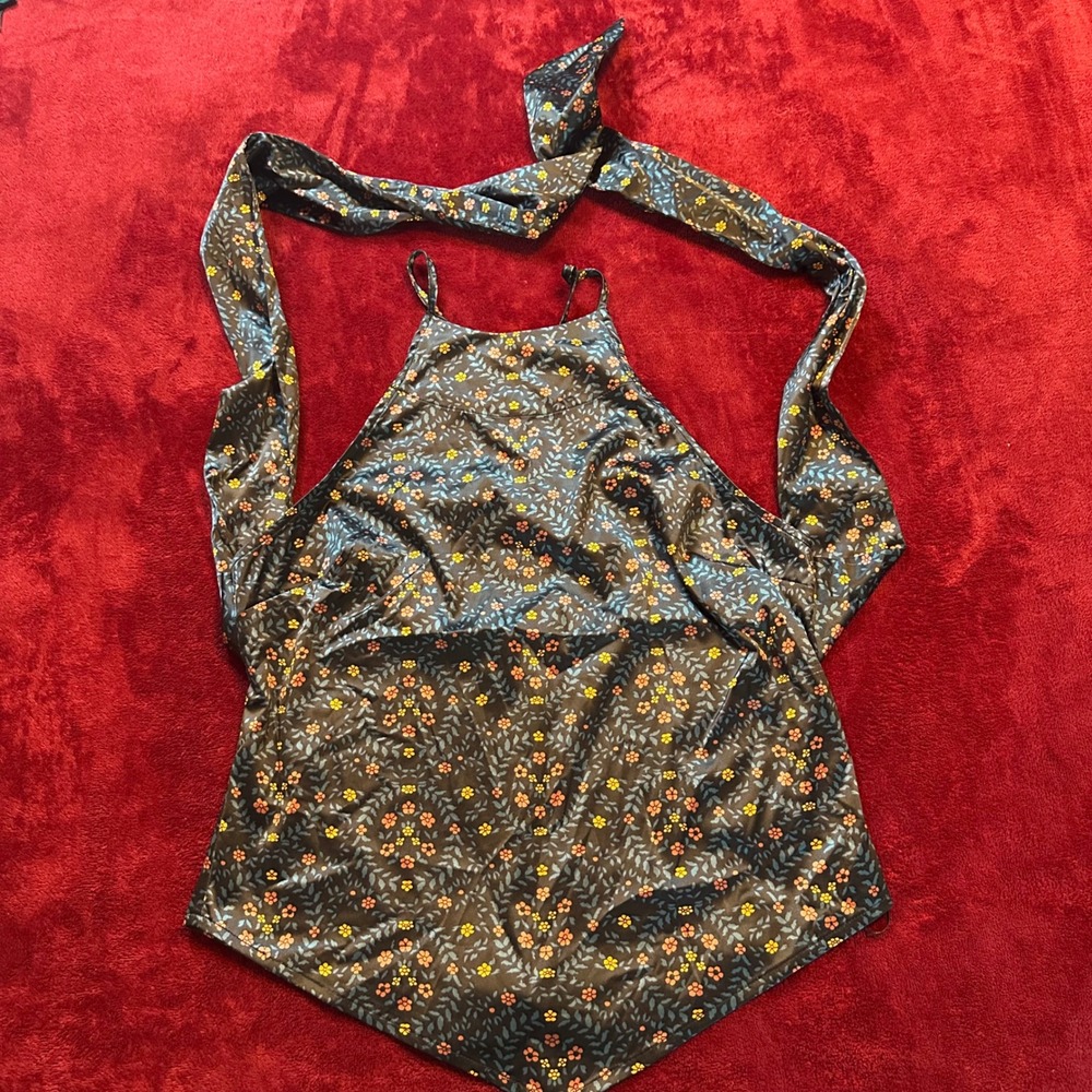 Intimately Free People Floral Halter Top Handkerchief Hem Black Small OB1125219
